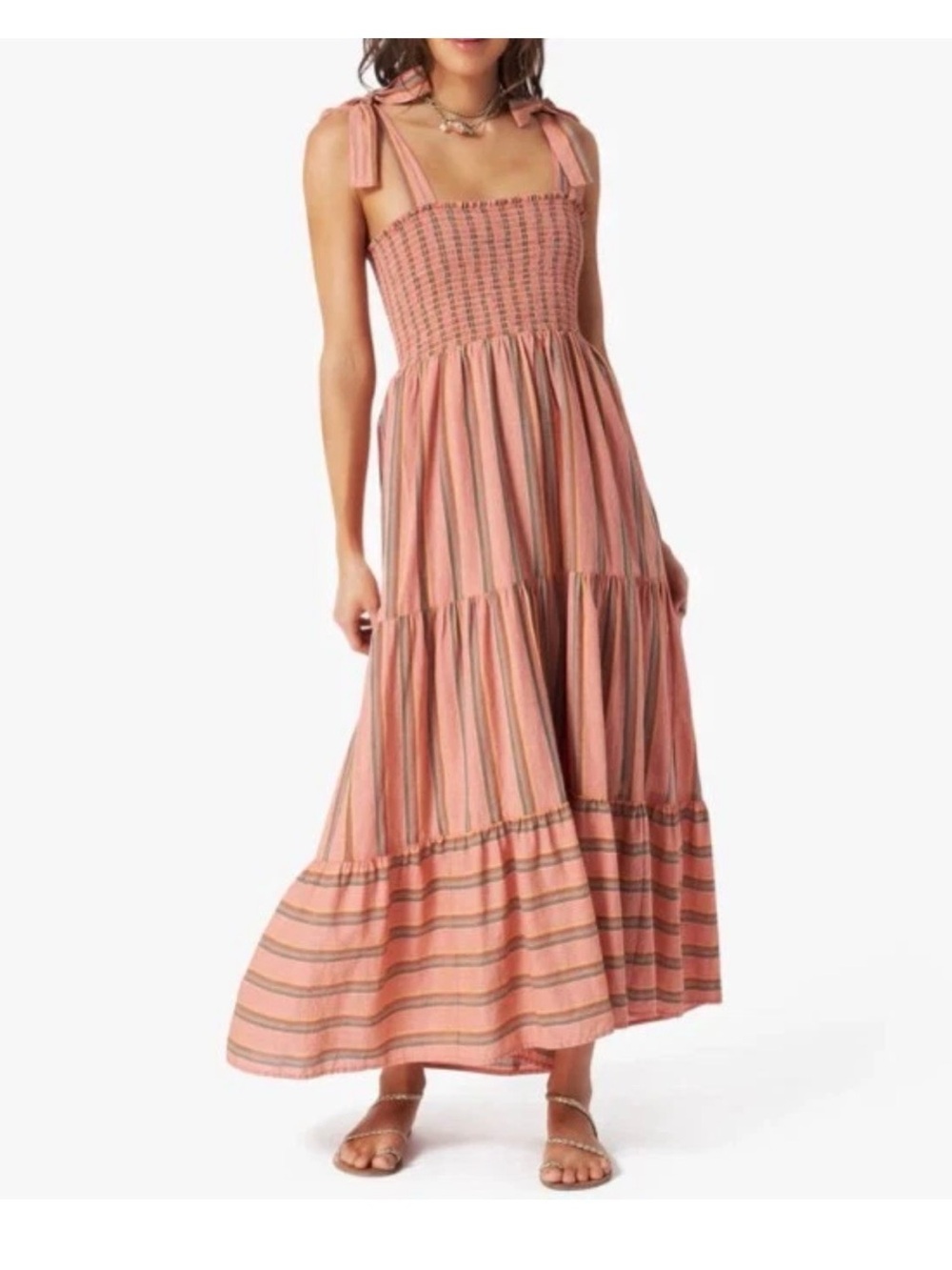Xirena - Tiered smocked coral Pink Striped Maxi Dress with Tie Straps - M